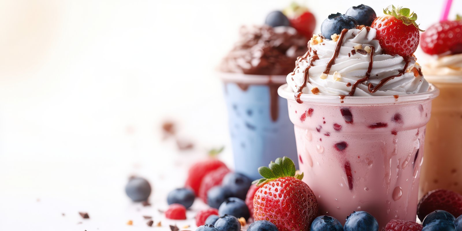Delicious dessert cups filled with creamy ice cream topped with fresh fruits on a bright background